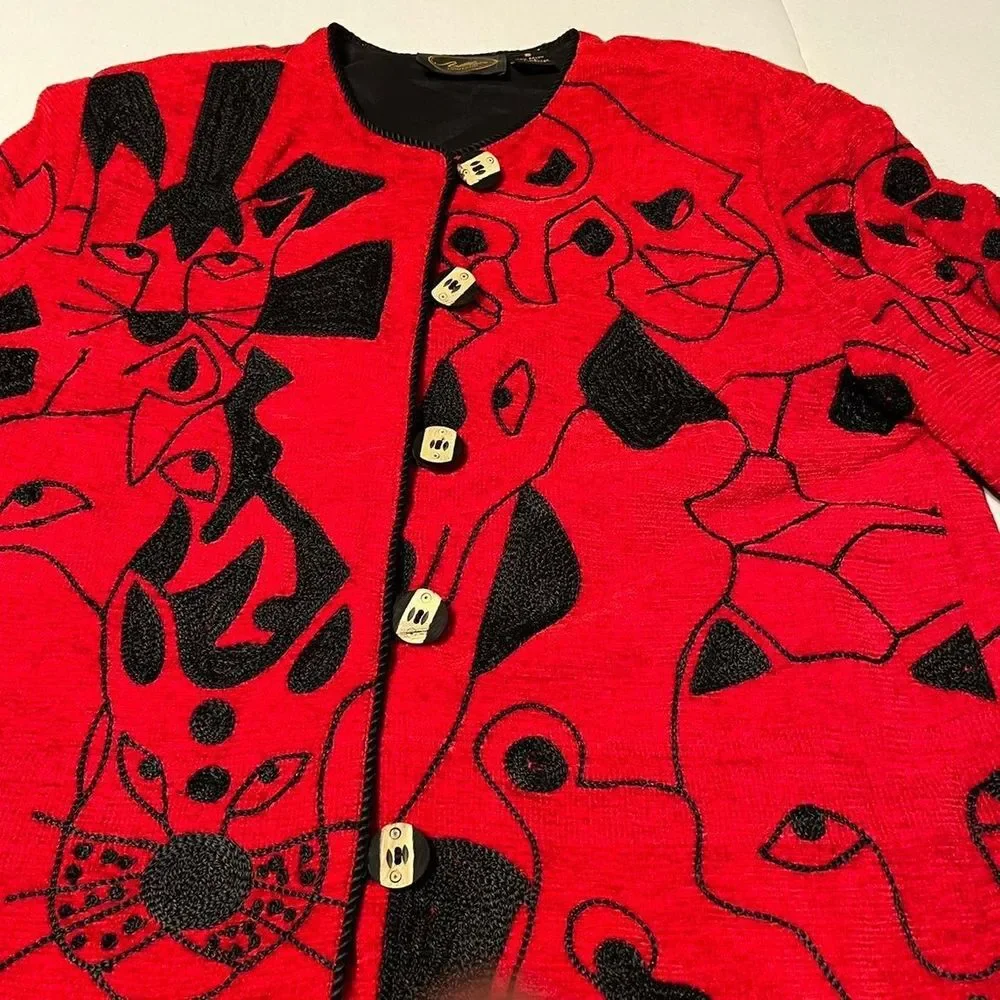 Allure Boutique VTG Black Cat Animal Jacket Embroidered Red‎ Jacket Women Small